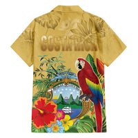 Costa Rica Independence Day Family Matching Off Shoulder Short Dress and Hawaiian Shirt Scarlet Macaw Parrot Tropical Flowers - Wonder Print Shop