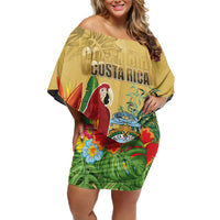 Costa Rica Independence Day Family Matching Off Shoulder Short Dress and Hawaiian Shirt Scarlet Macaw Parrot Tropical Flowers - Wonder Print Shop