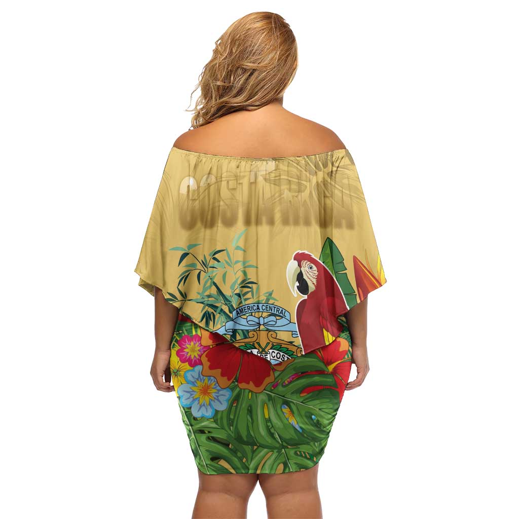 Costa Rica Independence Day Family Matching Off Shoulder Short Dress and Hawaiian Shirt Scarlet Macaw Parrot Tropical Flowers - Wonder Print Shop