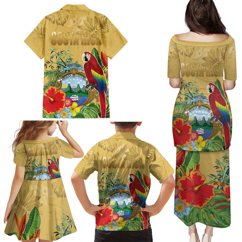 Costa Rica Independence Day Family Matching Puletasi and Hawaiian Shirt Scarlet Macaw Parrot Tropical Flowers - Wonder Print Shop
