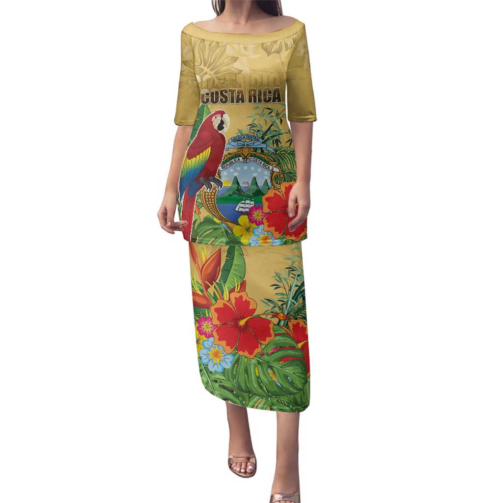 Costa Rica Independence Day Family Matching Puletasi and Hawaiian Shirt Scarlet Macaw Parrot Tropical Flowers - Wonder Print Shop