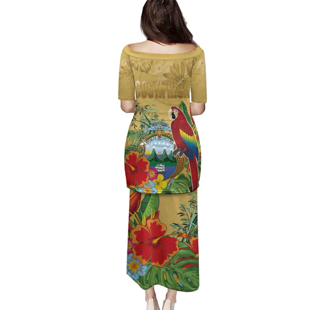 Costa Rica Independence Day Family Matching Puletasi and Hawaiian Shirt Scarlet Macaw Parrot Tropical Flowers - Wonder Print Shop