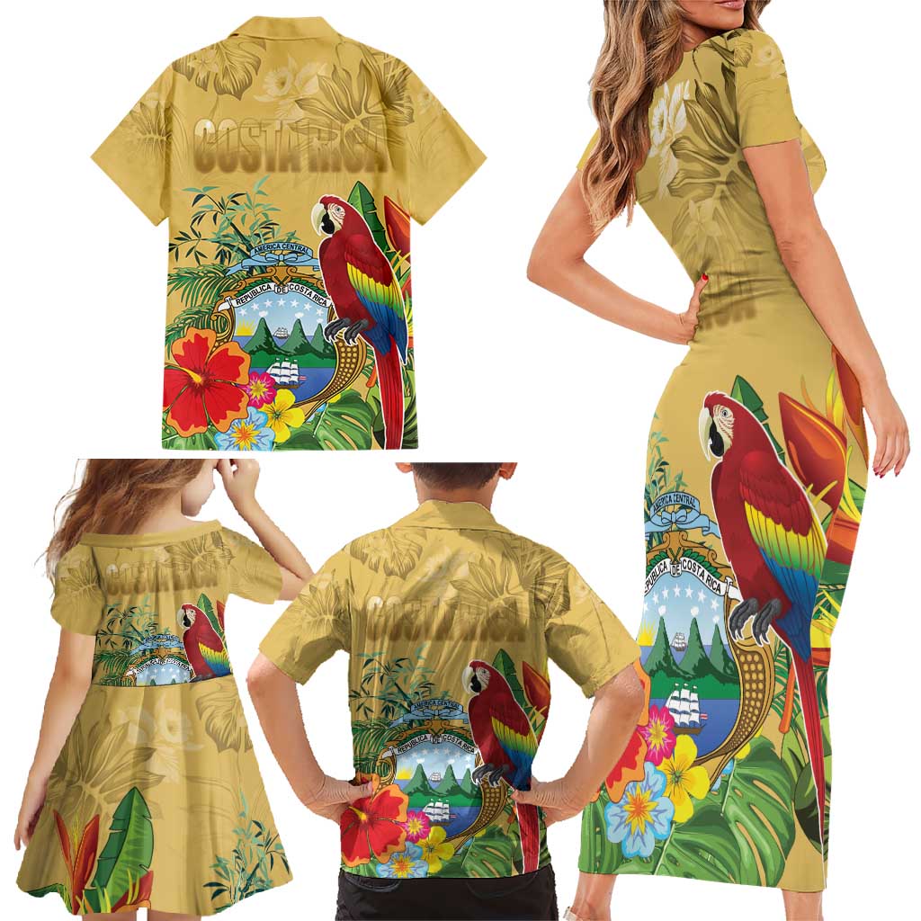 Costa Rica Independence Day Family Matching Short Sleeve Bodycon Dress and Hawaiian Shirt Scarlet Macaw Parrot Tropical Flowers - Wonder Print Shop