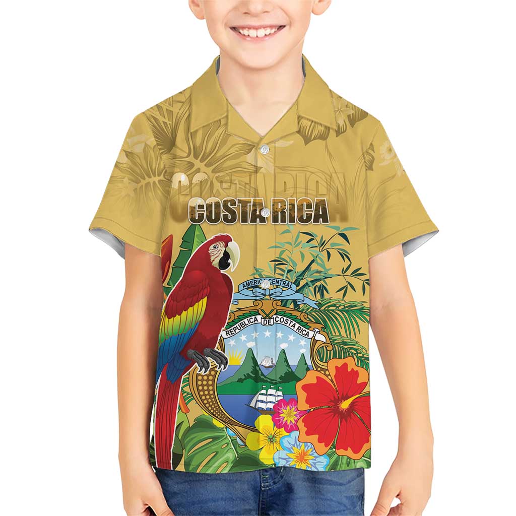 Costa Rica Independence Day Family Matching Short Sleeve Bodycon Dress and Hawaiian Shirt Scarlet Macaw Parrot Tropical Flowers - Wonder Print Shop