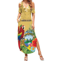 Costa Rica Independence Day Family Matching Summer Maxi Dress and Hawaiian Shirt Scarlet Macaw Parrot Tropical Flowers - Wonder Print Shop