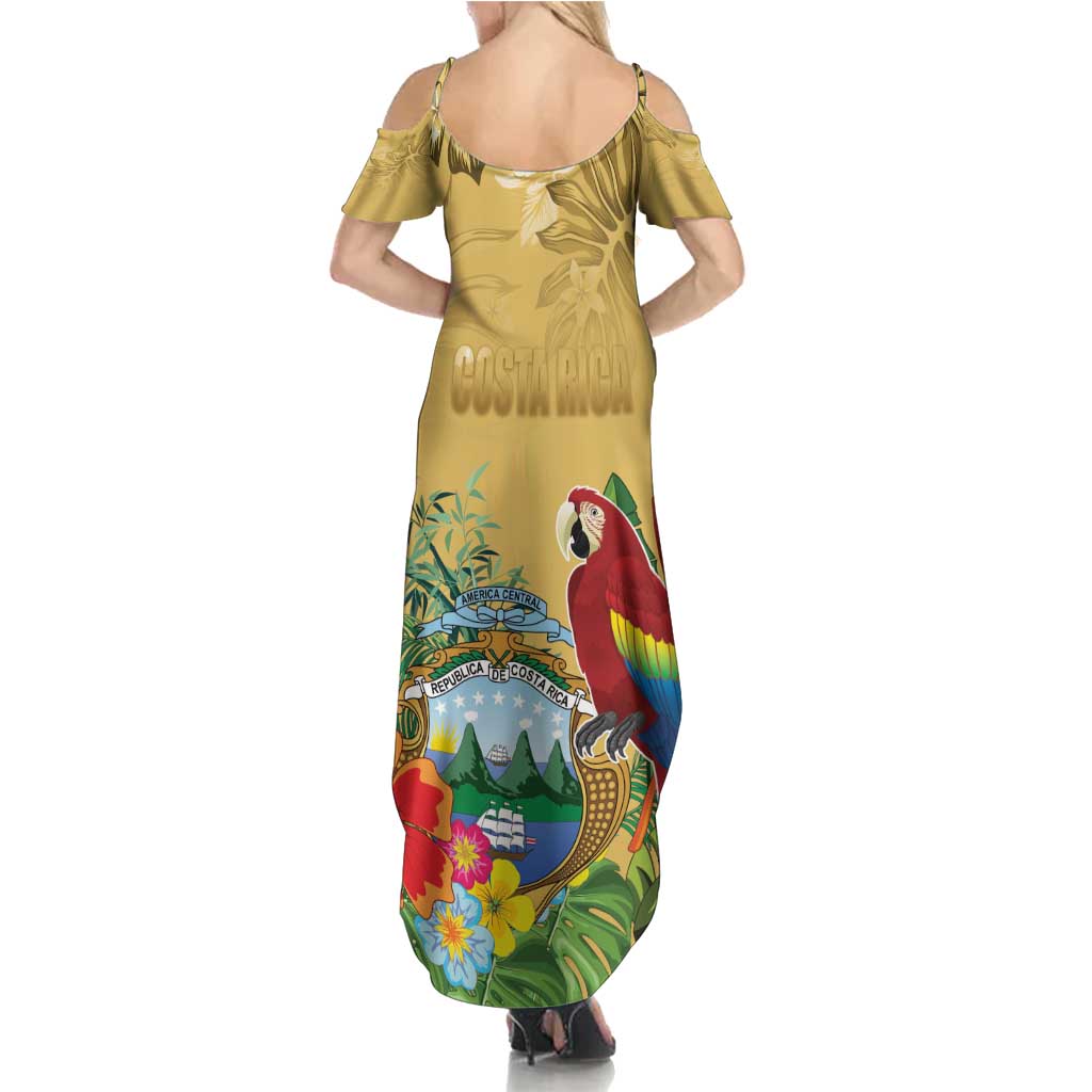 Costa Rica Independence Day Family Matching Summer Maxi Dress and Hawaiian Shirt Scarlet Macaw Parrot Tropical Flowers - Wonder Print Shop