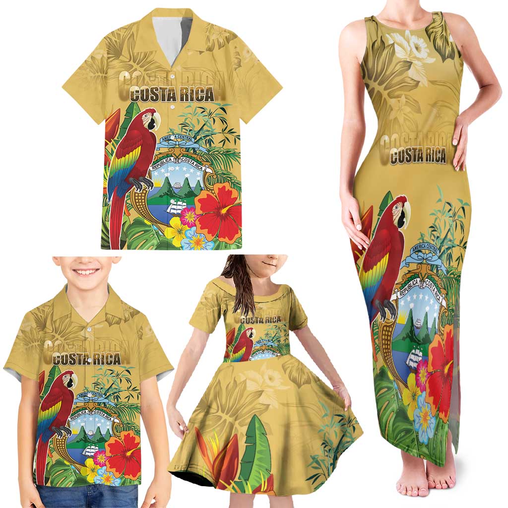 Costa Rica Independence Day Family Matching Tank Maxi Dress and Hawaiian Shirt Scarlet Macaw Parrot Tropical Flowers - Wonder Print Shop