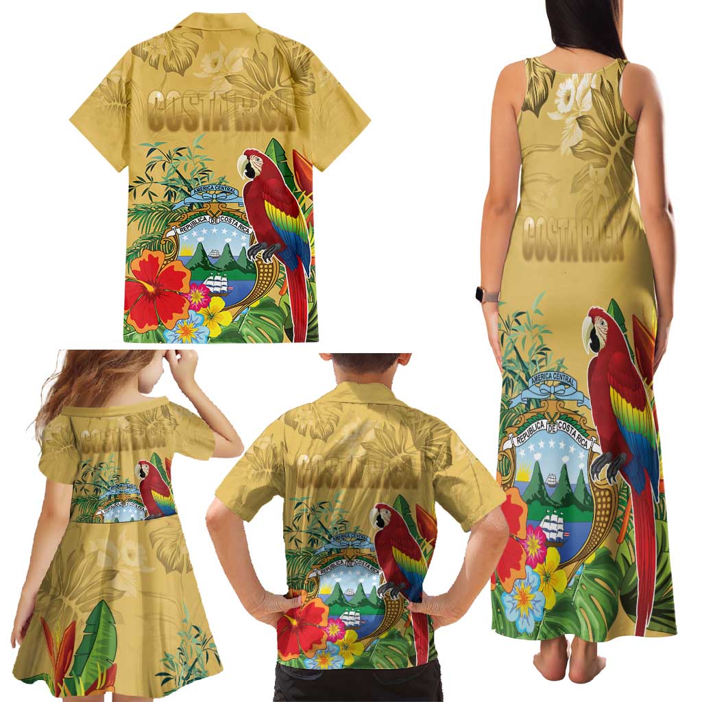 Costa Rica Independence Day Family Matching Tank Maxi Dress and Hawaiian Shirt Scarlet Macaw Parrot Tropical Flowers - Wonder Print Shop