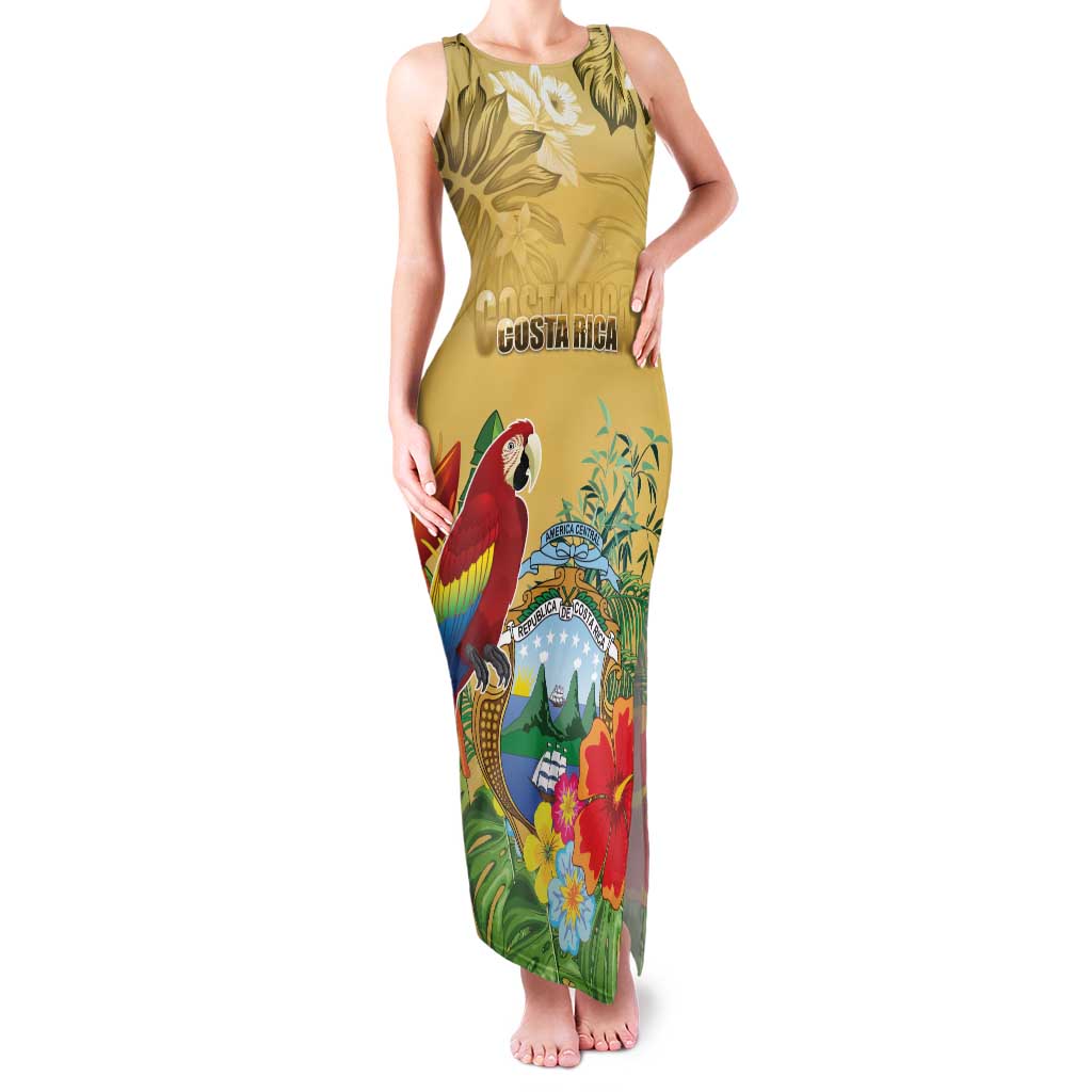 Costa Rica Independence Day Family Matching Tank Maxi Dress and Hawaiian Shirt Scarlet Macaw Parrot Tropical Flowers - Wonder Print Shop