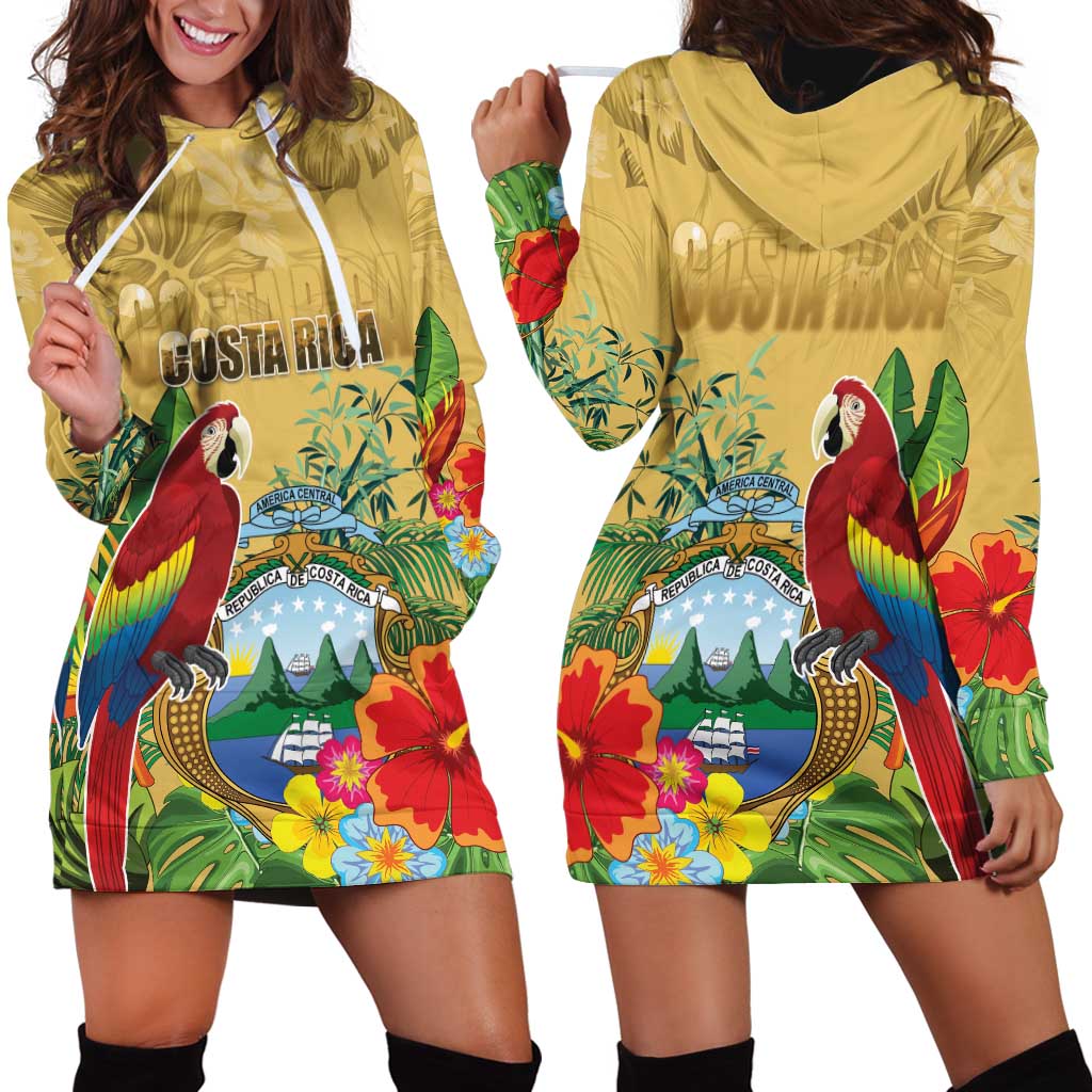 Costa Rica Independence Day Hoodie Dress Scarlet Macaw Parrot Tropical Flowers - Wonder Print Shop