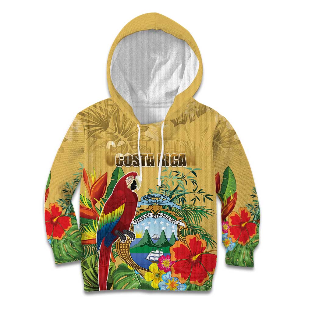 Costa Rica Independence Day Kid Hoodie Scarlet Macaw Parrot Tropical Flowers - Wonder Print Shop