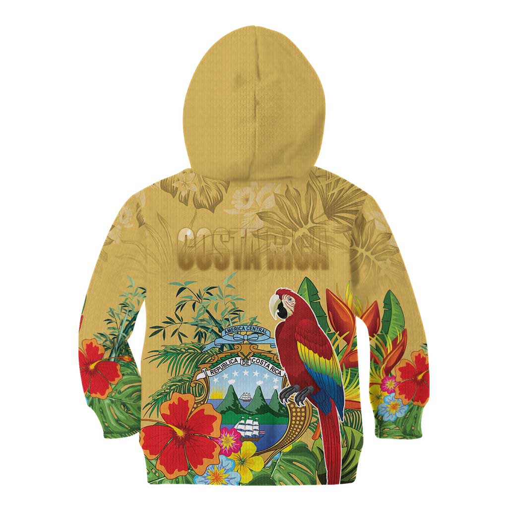 Costa Rica Independence Day Kid Hoodie Scarlet Macaw Parrot Tropical Flowers - Wonder Print Shop