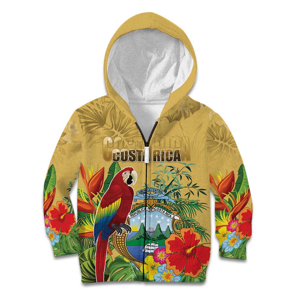 Costa Rica Independence Day Kid Hoodie Scarlet Macaw Parrot Tropical Flowers - Wonder Print Shop