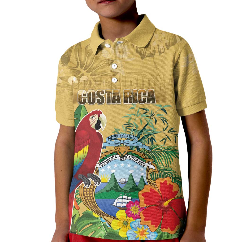 Costa Rica Independence Day Kid Polo Shirt Scarlet Macaw Parrot Tropical Flowers - Wonder Print Shop