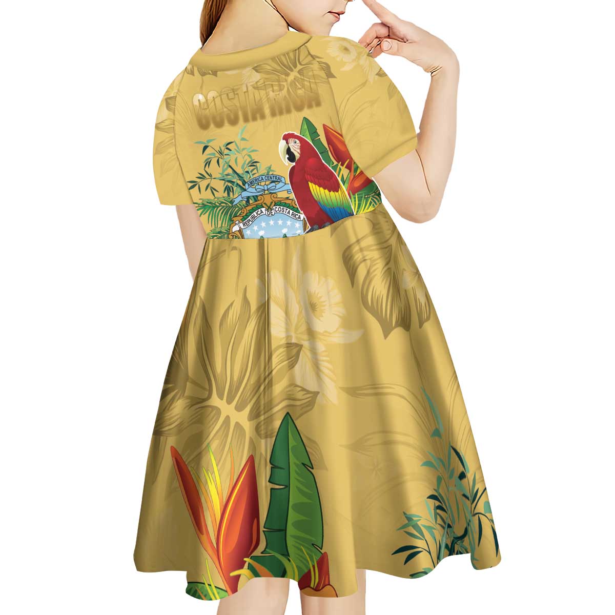 Costa Rica Independence Day Kid Short Sleeve Dress Scarlet Macaw Parrot Tropical Flowers - Wonder Print Shop