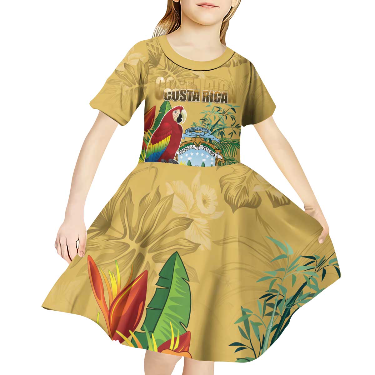 Costa Rica Independence Day Kid Short Sleeve Dress Scarlet Macaw Parrot Tropical Flowers - Wonder Print Shop
