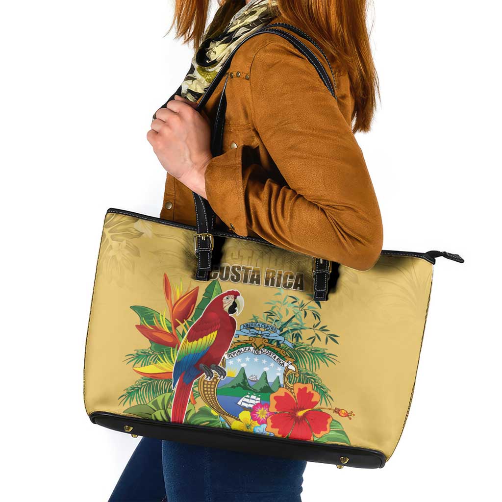 Costa Rica Independence Day Leather Tote Bag Scarlet Macaw Parrot Tropical Flowers - Wonder Print Shop