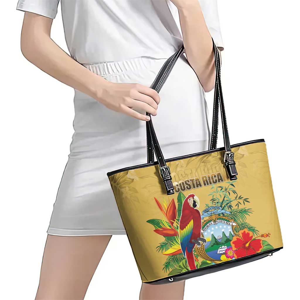 Costa Rica Independence Day Leather Tote Bag Scarlet Macaw Parrot Tropical Flowers - Wonder Print Shop