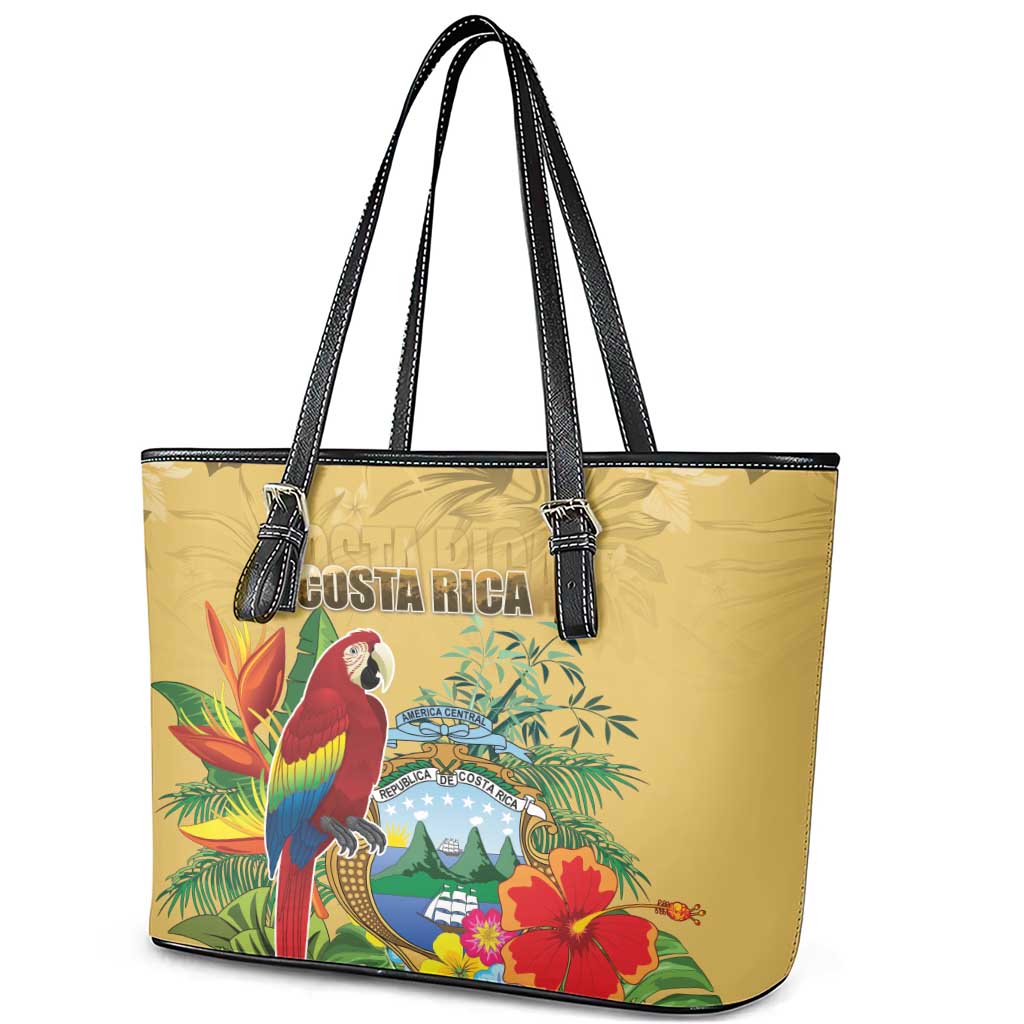 Costa Rica Independence Day Leather Tote Bag Scarlet Macaw Parrot Tropical Flowers - Wonder Print Shop