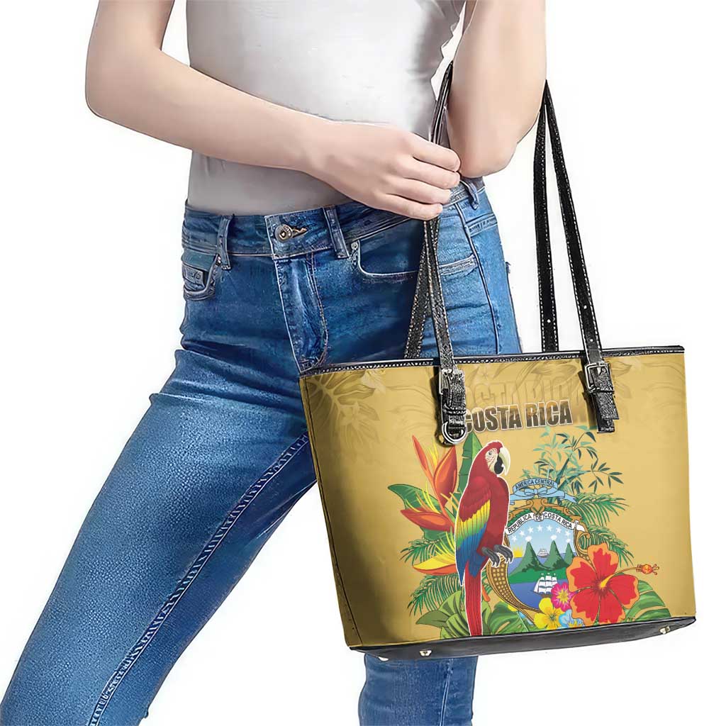 Costa Rica Independence Day Leather Tote Bag Scarlet Macaw Parrot Tropical Flowers - Wonder Print Shop