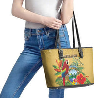 Costa Rica Independence Day Leather Tote Bag Scarlet Macaw Parrot Tropical Flowers - Wonder Print Shop