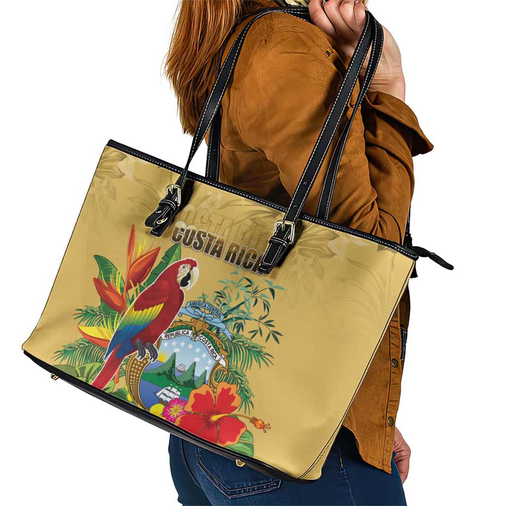 Costa Rica Independence Day Leather Tote Bag Scarlet Macaw Parrot Tropical Flowers - Wonder Print Shop