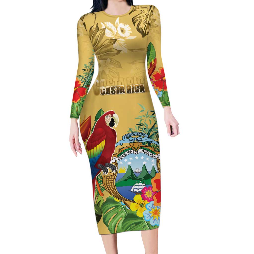Costa Rica Independence Day Long Sleeve Bodycon Dress Scarlet Macaw Parrot Tropical Flowers - Wonder Print Shop