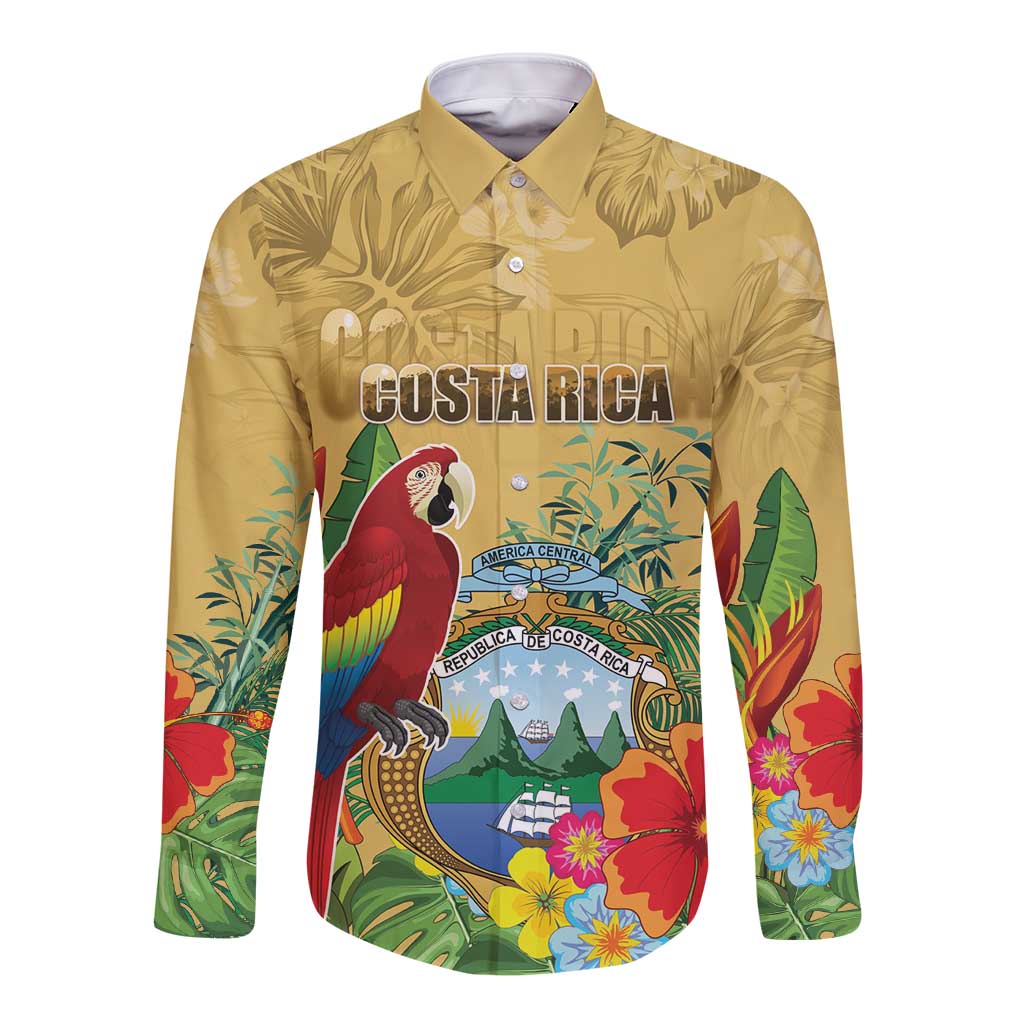 Costa Rica Independence Day Long Sleeve Button Shirt Scarlet Macaw Parrot Tropical Flowers - Wonder Print Shop