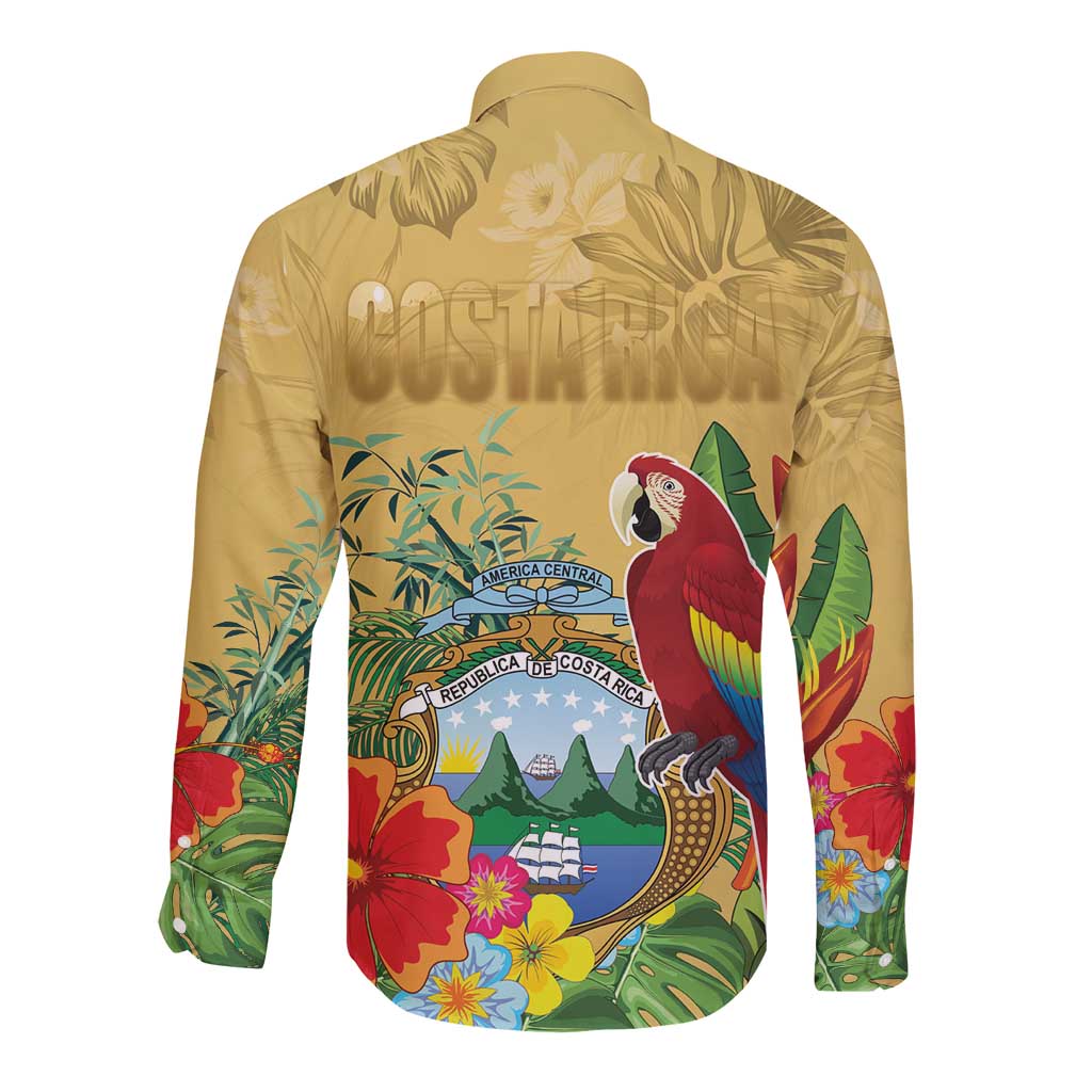 Costa Rica Independence Day Long Sleeve Button Shirt Scarlet Macaw Parrot Tropical Flowers - Wonder Print Shop