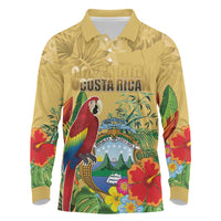 Costa Rica Independence Day Long Sleeve Polo Shirt Scarlet Macaw Parrot Tropical Flowers - Wonder Print Shop