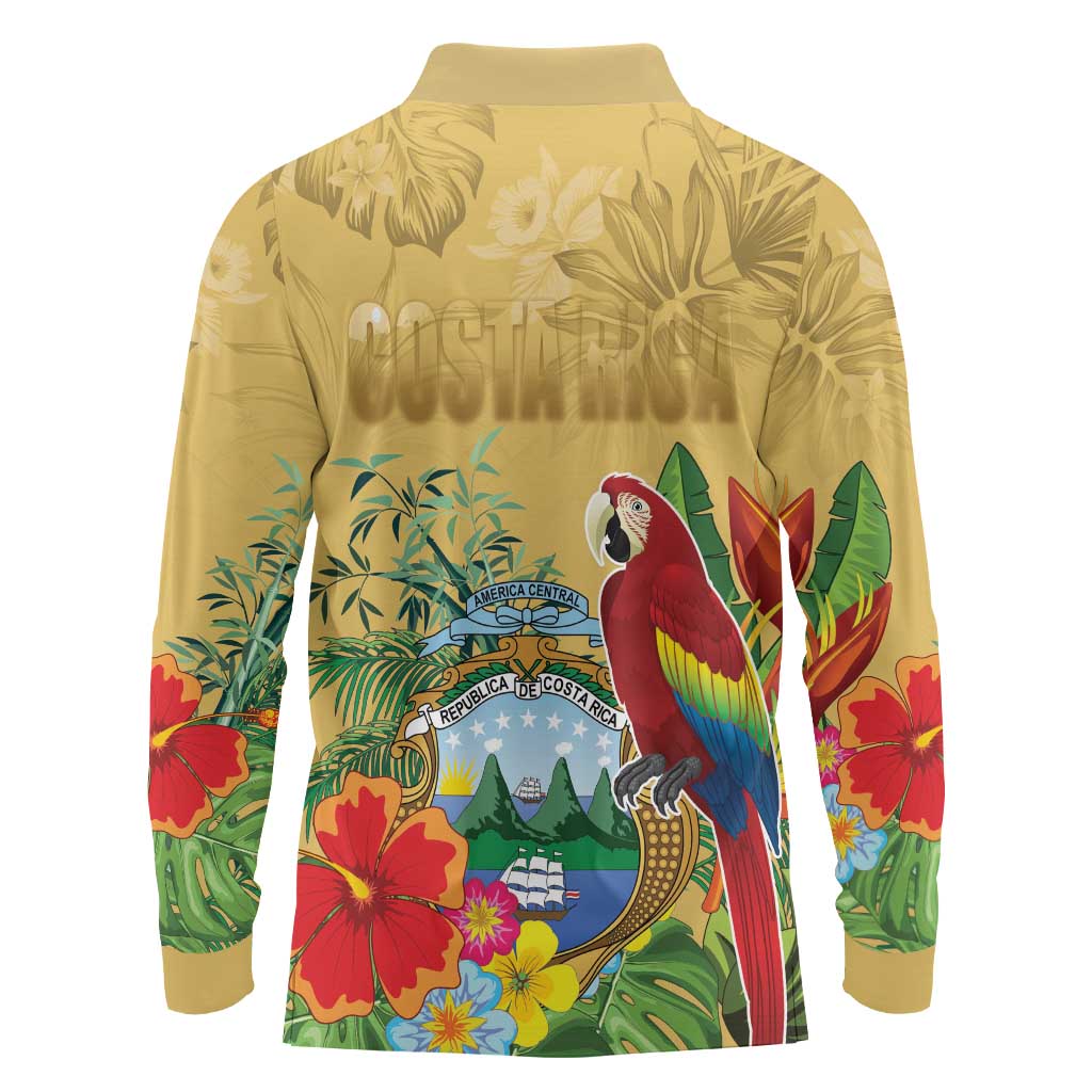 Costa Rica Independence Day Long Sleeve Polo Shirt Scarlet Macaw Parrot Tropical Flowers - Wonder Print Shop