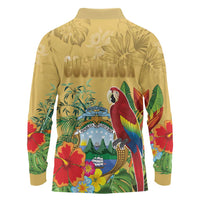 Costa Rica Independence Day Long Sleeve Polo Shirt Scarlet Macaw Parrot Tropical Flowers - Wonder Print Shop
