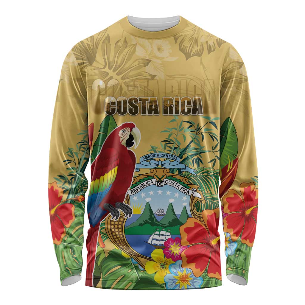 Costa Rica Independence Day Long Sleeve Shirt Scarlet Macaw Parrot Tropical Flowers - Wonder Print Shop