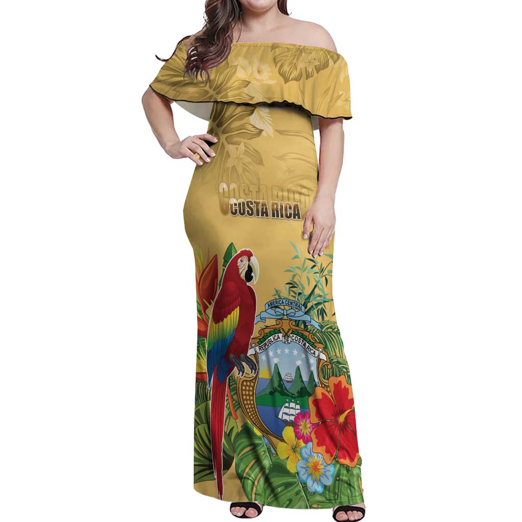 Costa Rica Independence Day Off Shoulder Maxi Dress Scarlet Macaw Parrot Tropical Flowers - Wonder Print Shop