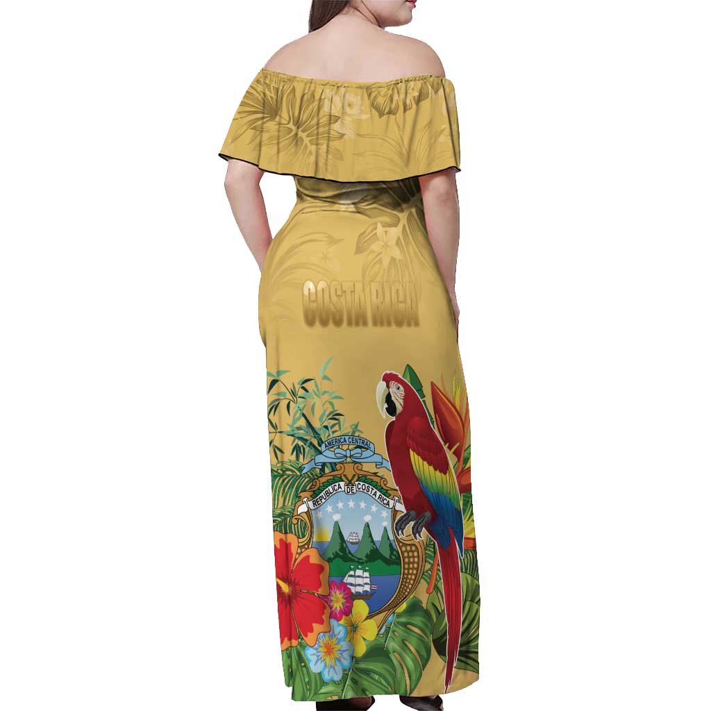 Costa Rica Independence Day Off Shoulder Maxi Dress Scarlet Macaw Parrot Tropical Flowers - Wonder Print Shop