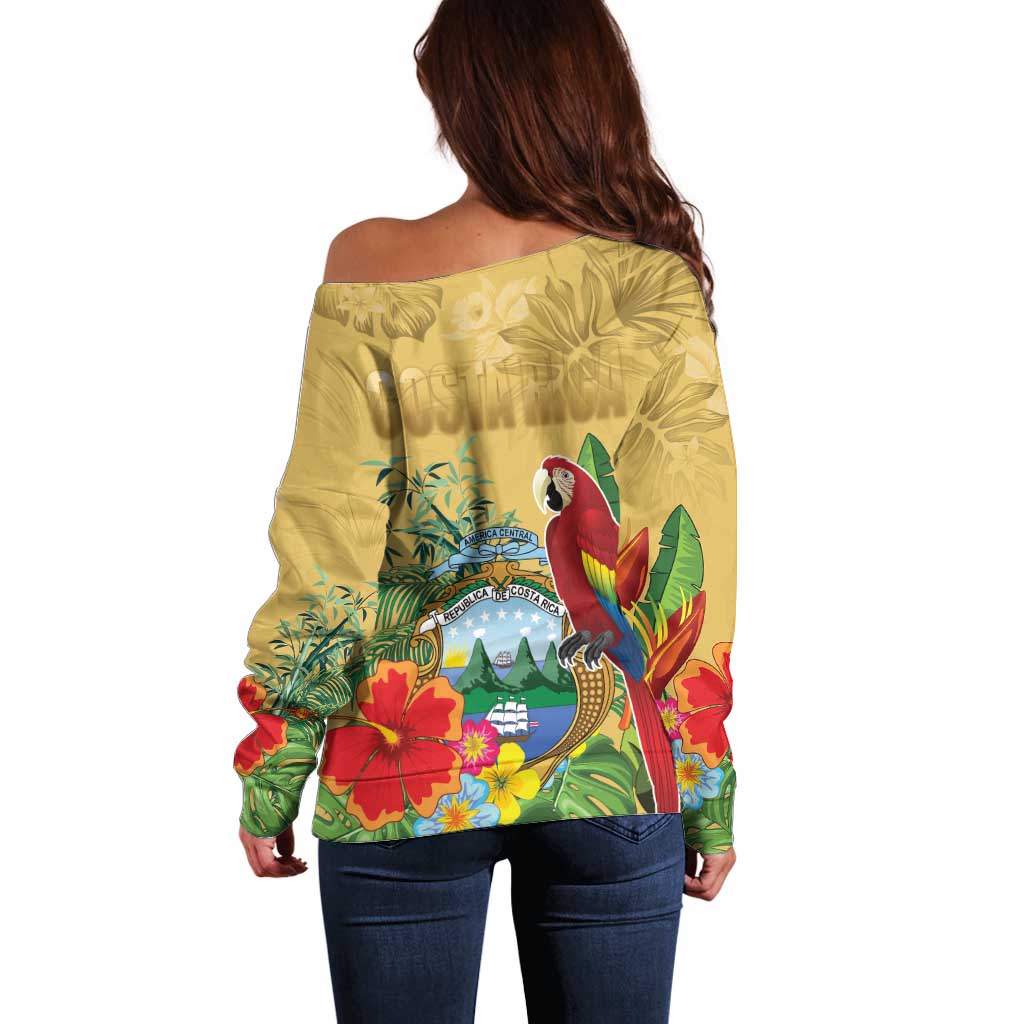 Costa Rica Independence Day Off Shoulder Sweater Scarlet Macaw Parrot Tropical Flowers - Wonder Print Shop