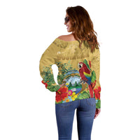 Costa Rica Independence Day Off Shoulder Sweater Scarlet Macaw Parrot Tropical Flowers - Wonder Print Shop