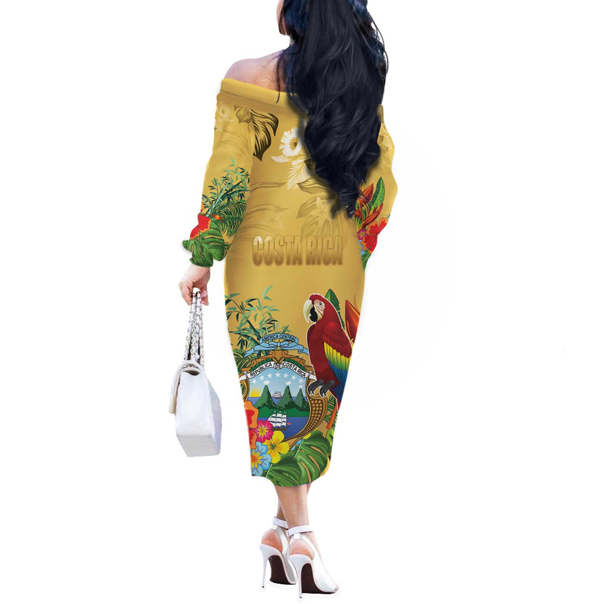 Costa Rica Independence Day Off The Shoulder Long Sleeve Dress Scarlet Macaw Parrot Tropical Flowers - Wonder Print Shop