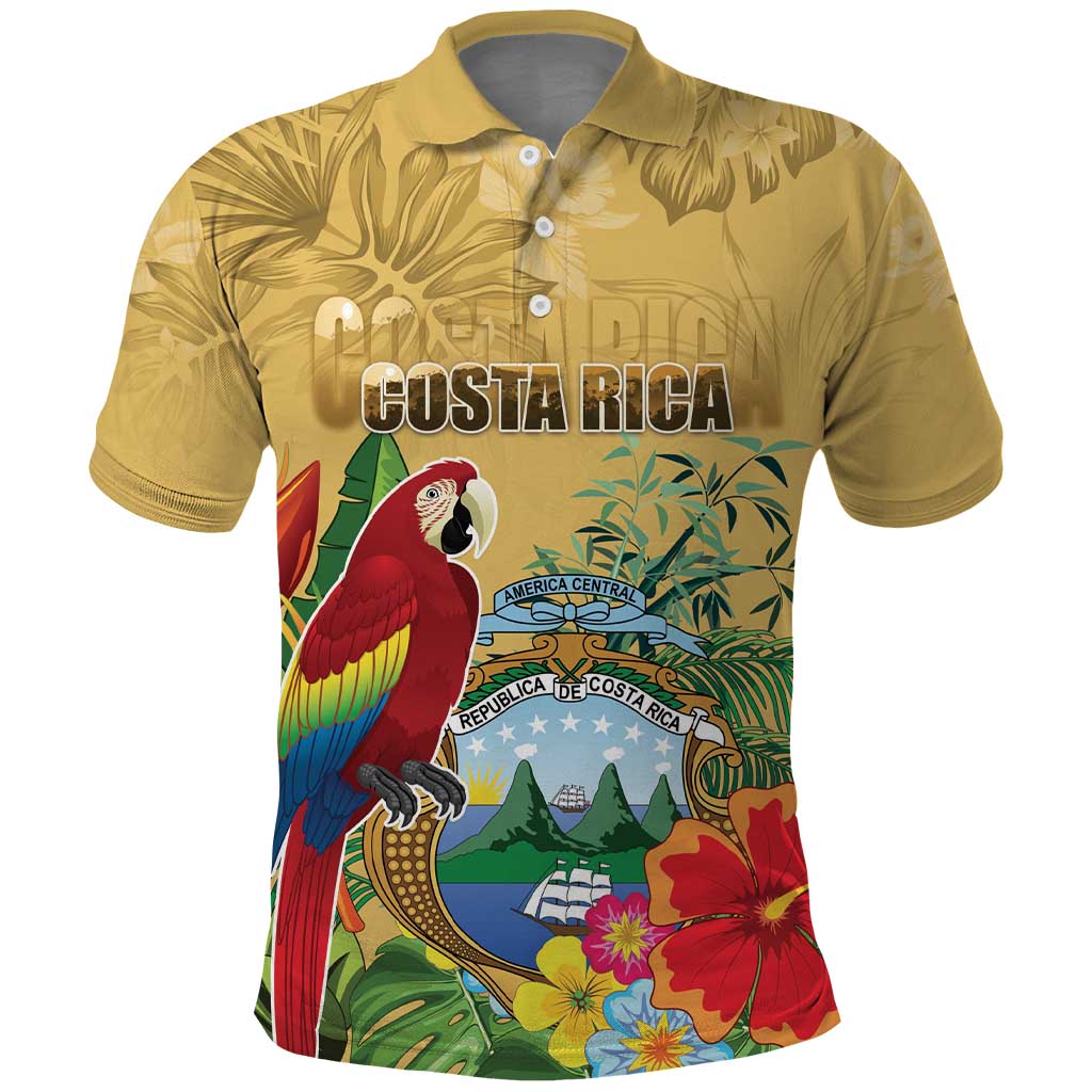 Costa Rica Independence Day Polo Shirt Scarlet Macaw Parrot Tropical Flowers - Wonder Print Shop