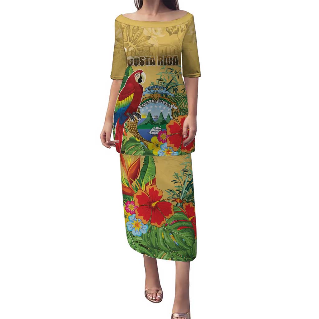 Costa Rica Independence Day Puletasi Scarlet Macaw Parrot Tropical Flowers - Wonder Print Shop