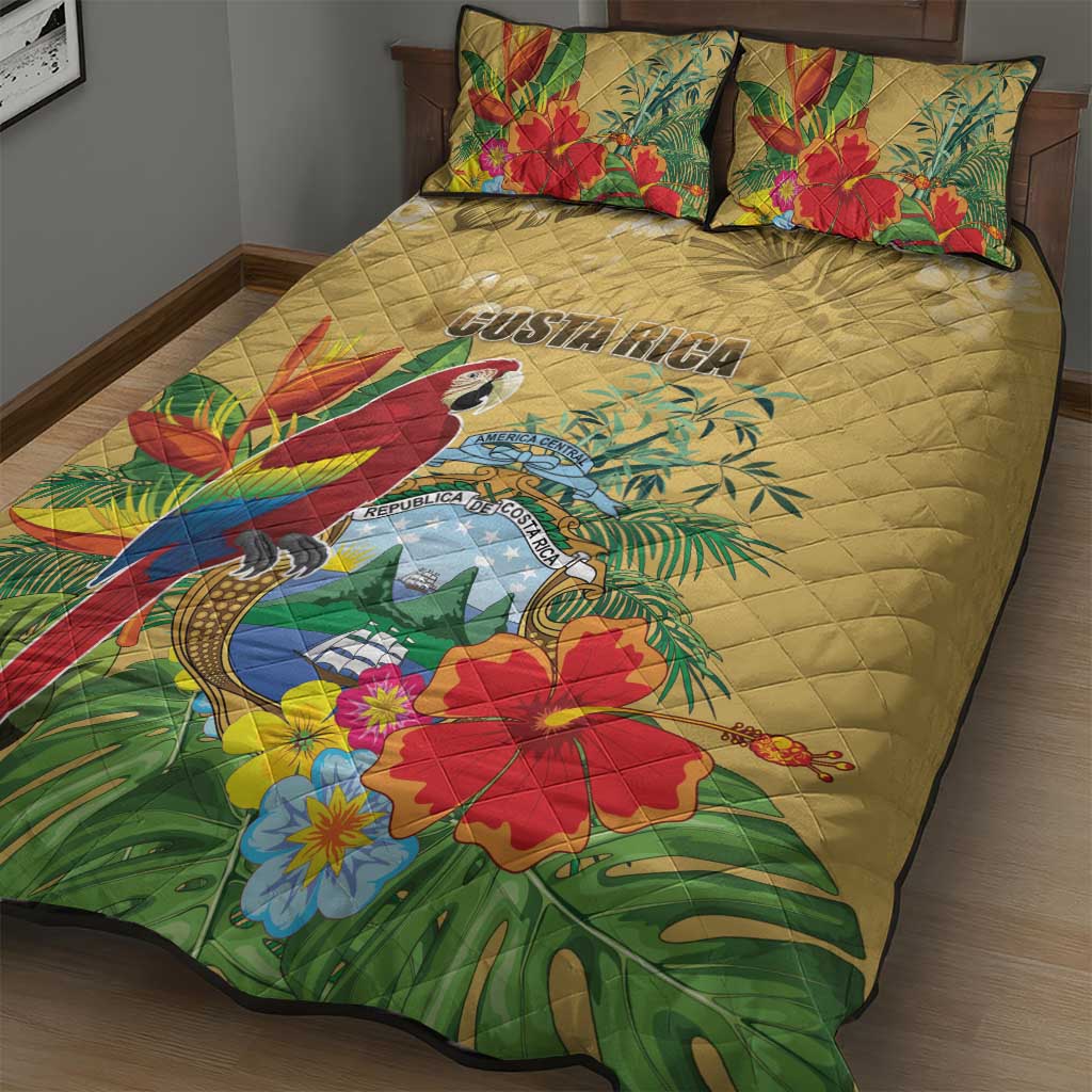 Costa Rica Independence Day Quilt Bed Set Scarlet Macaw Parrot Tropical Flowers - Wonder Print Shop