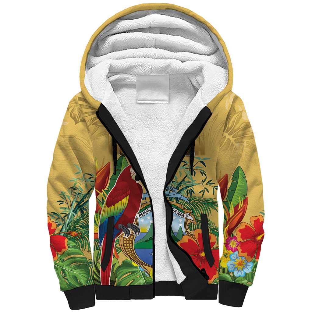 Costa Rica Independence Day Sherpa Hoodie Scarlet Macaw Parrot Tropical Flowers - Wonder Print Shop