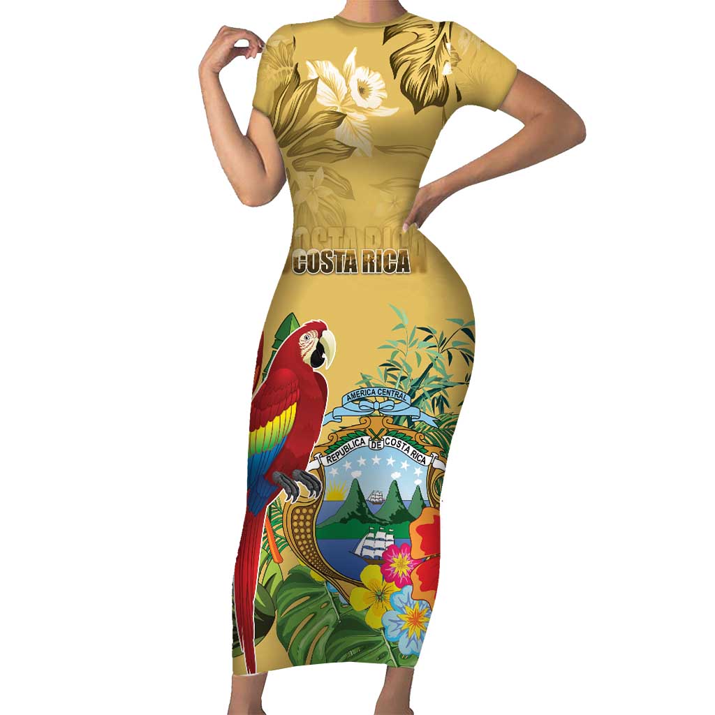 Costa Rica Independence Day Short Sleeve Bodycon Dress Scarlet Macaw Parrot Tropical Flowers - Wonder Print Shop