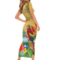 Costa Rica Independence Day Short Sleeve Bodycon Dress Scarlet Macaw Parrot Tropical Flowers - Wonder Print Shop