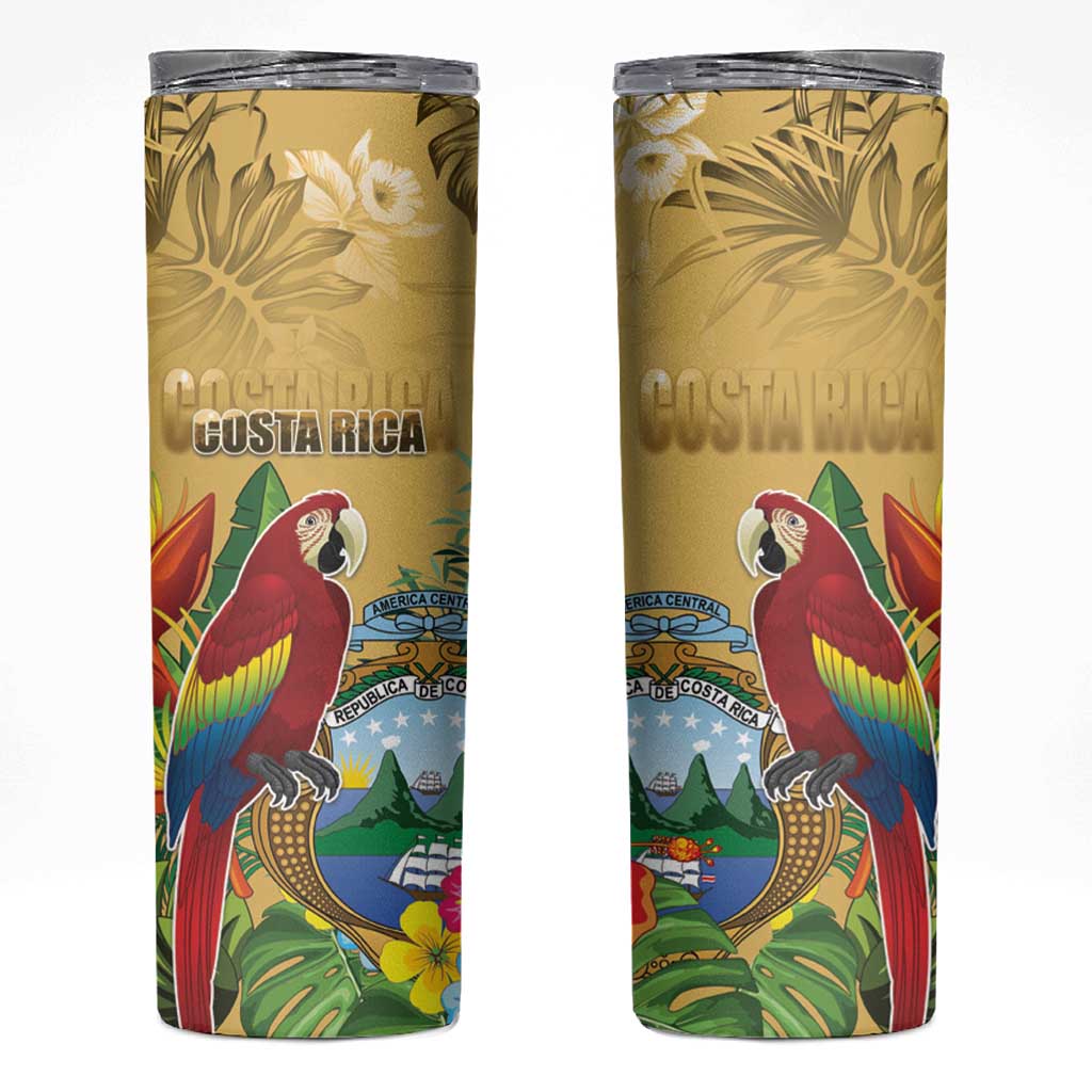 Costa Rica Independence Day Skinny Tumbler Scarlet Macaw Parrot Tropical Flowers - Wonder Print Shop