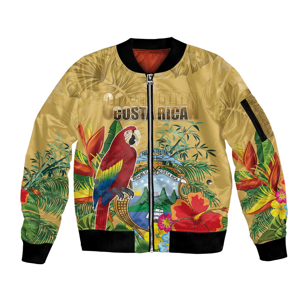 Costa Rica Independence Day Sleeve Zip Bomber Jacket Scarlet Macaw Parrot Tropical Flowers - Wonder Print Shop