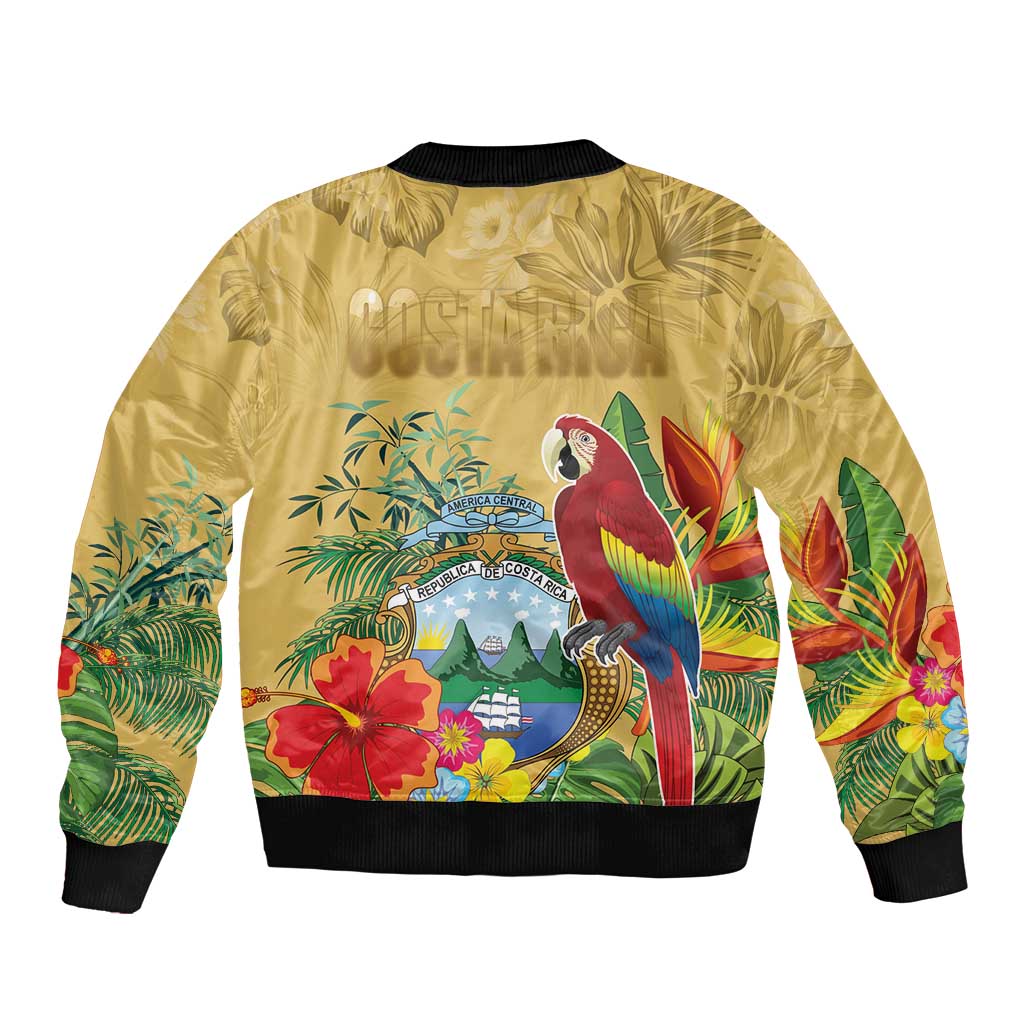 Costa Rica Independence Day Sleeve Zip Bomber Jacket Scarlet Macaw Parrot Tropical Flowers - Wonder Print Shop