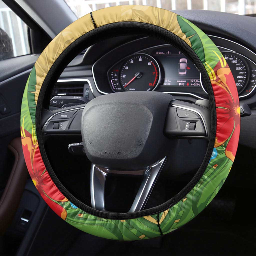 Costa Rica Independence Day Steering Wheel Cover Scarlet Macaw Parrot Tropical Flowers - Wonder Print Shop