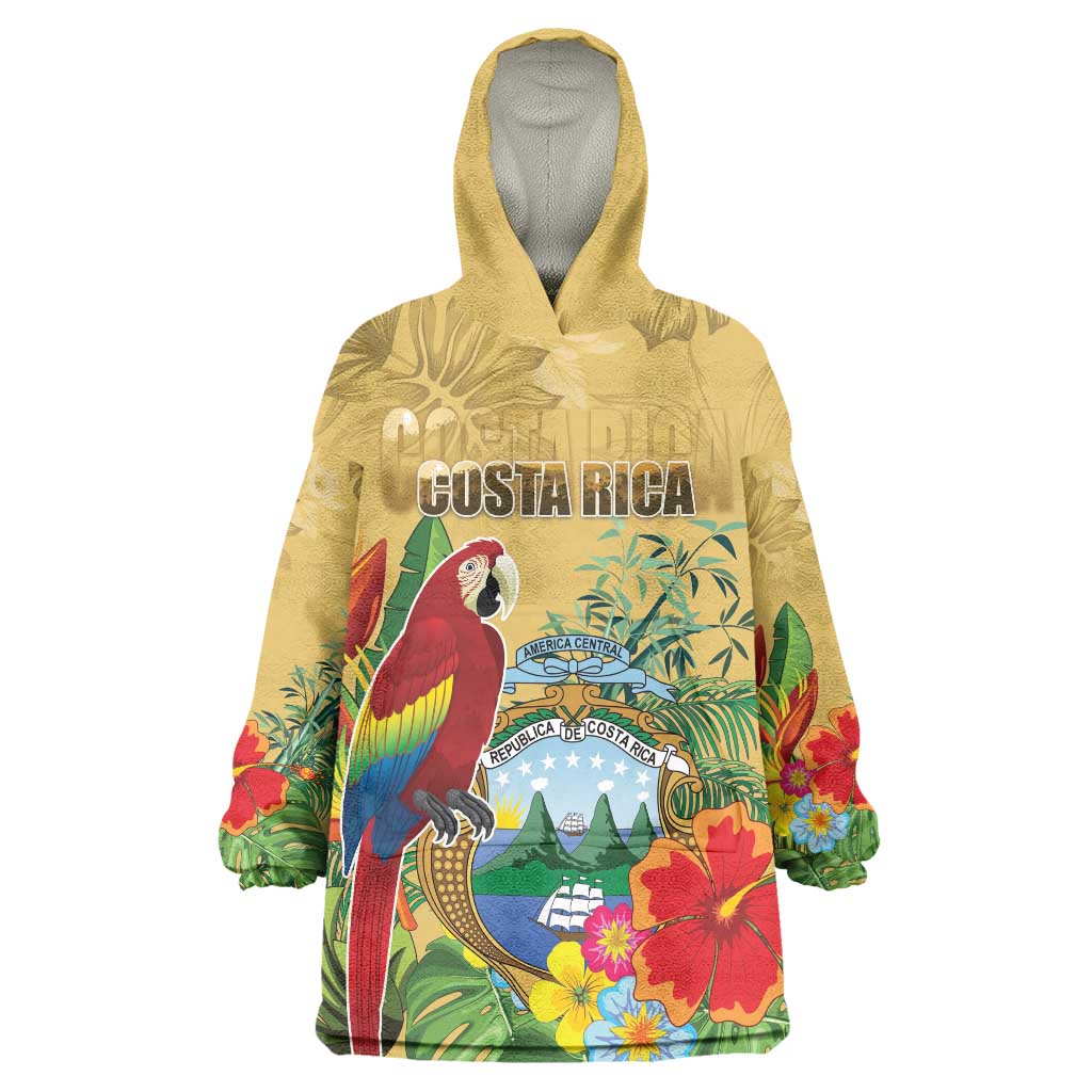 Costa Rica Independence Day Wearable Blanket Hoodie Scarlet Macaw Parrot Tropical Flowers - Wonder Print Shop