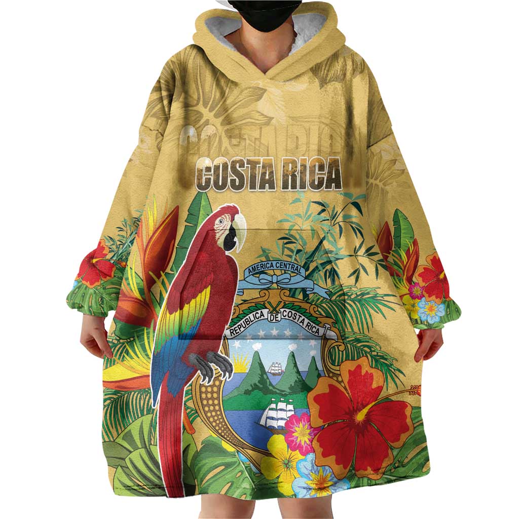Costa Rica Independence Day Wearable Blanket Hoodie Scarlet Macaw Parrot Tropical Flowers - Wonder Print Shop